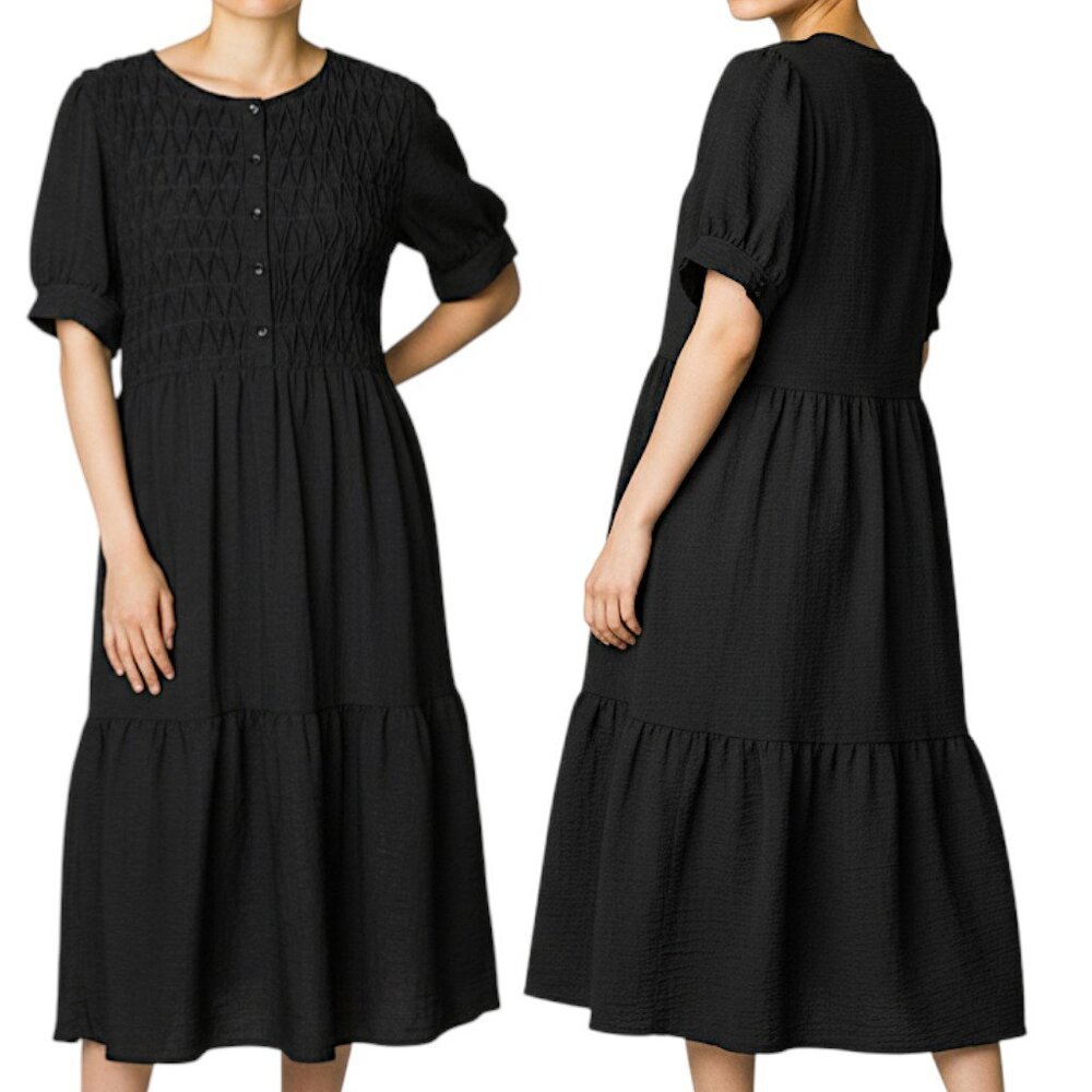 Bohme Black Cottagecore Goth Diamond-Pleated Midi Tier Dress Women's Size XL